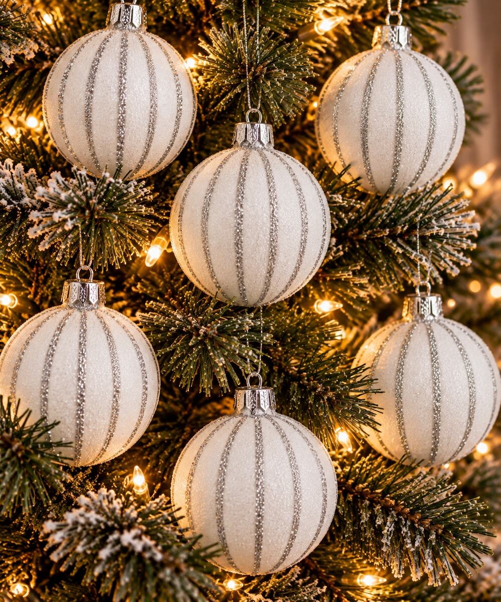 Christmas Ornaments White Silver Glitter Ball Baubles Winter Holiday Decor Lot